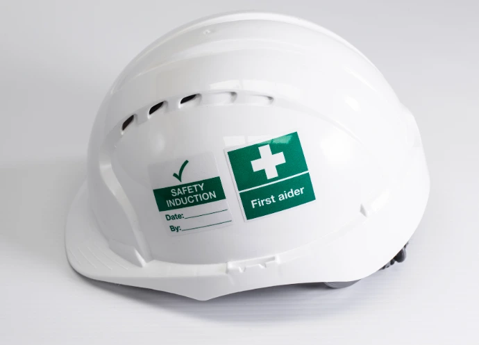 Safety helmet with labels attached