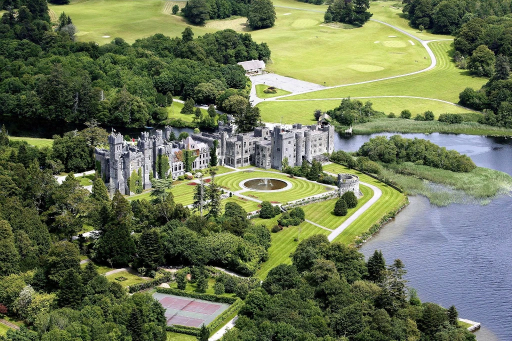 Aerial view of Ashford Castle and grounds